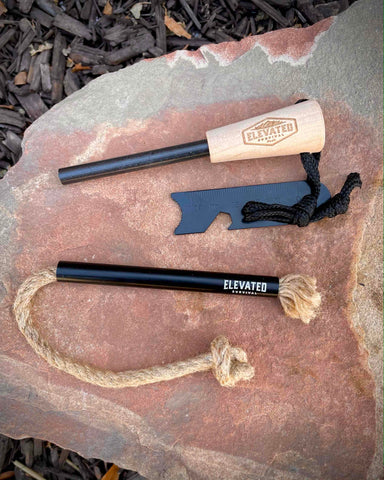 Elevated Fire Stick and Rope Wick Bundle gives you an amazing weatherproof fire starting combo--the Elevated Fire Stick with the Rope Wick + Bellow. By Elevated Survival.