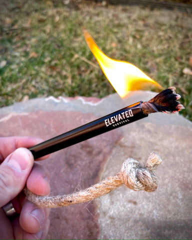 Elevated Survival Rope Wick and Bellow. Hemp rope wick fire starter by Elevated Survival is infused with parafin wax to easily light using the Arc Ignite Lighter or Fire Stick by Elevated Survival.