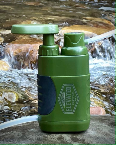 Elevated Survival Compact Water Filter and Purifier - filters out Giardia, Salmonella, Cryptosporidium, E. Coli and other bacteria and protozoa. Elevated Survival water filter. For camping, hiking, backpacking, hunting, and survival.